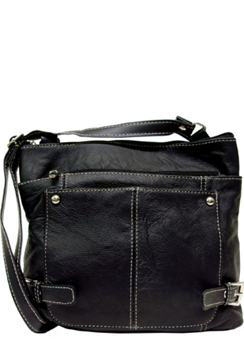 400481BK - 10 x 9 x 2.25<br />Genuine leather, 1 comp. 1 inside zip pckt, 2 outside zip pckts, 1 outside snap pckt, adjustable strap