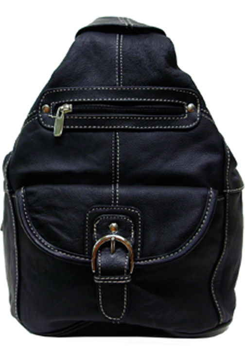 400499BK - 9 x 13 x 7<br />Genuine leather backpack, 1 comp, 1 inside zip pckt, 3 outside zip pckts, 1 snap outside pckt, adjustable strap