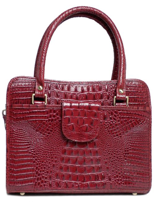 400701RD - 14 x 10.5  x 5<br/> Genuine Leather<br />Crocodile prt, 1 comp, lg.snap pckt front & back, zip & flap closure, feet - Red