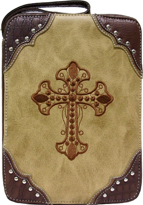 B500124LBR - 7.5 x 10.25 x 2<br />Solid material w/corner gator trim, embroidered cross, back open pocket, zipper closure