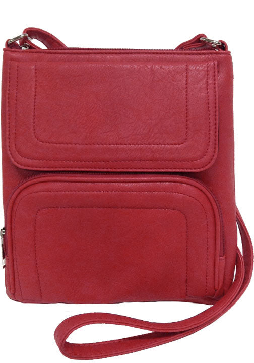 500180RD - 8.5 x 9.75 x 2<br />Solid w/wallet on front, zip pckt & ID holders under flap, zip comp, back zip vert and open pckts