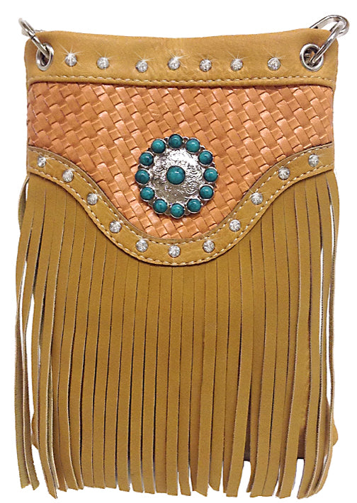 500199TN - 8 x 6<br />Mini Phone Bag - Fringe, Basket Weave Trim w/Rhinestones, Turq. Concho, Mag. Closure, Open Back Pckt