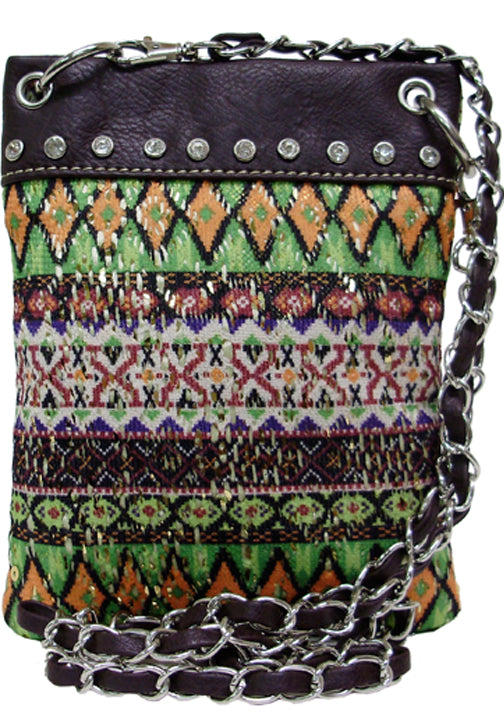 500211LM - 6.25 x 8 x .5<br />Mini phone bag, aztec print, rhinestones on solid trim, snap comp with back zip pckt, chain strap