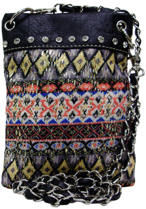 500211GY - 6.25 x 8 x .5<br />Mini phone bag, paisley print, rhinestones on solid trim, snap comp with back zip pckt, chain strap