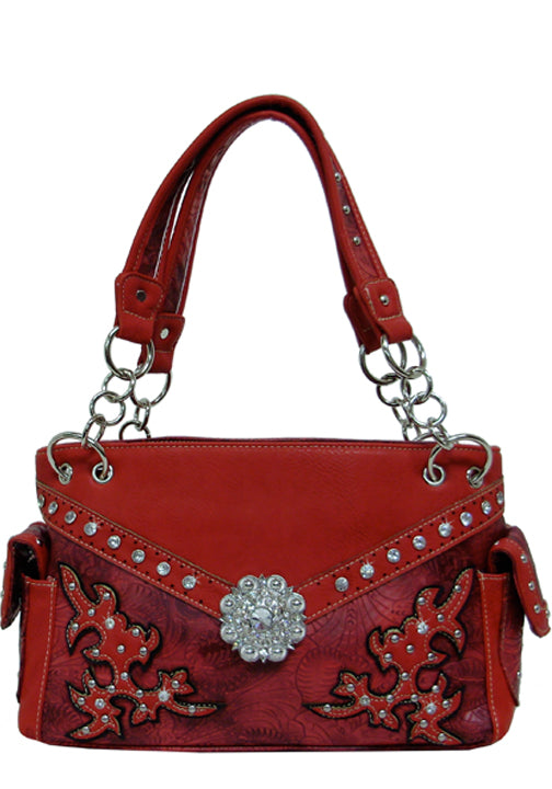 500212RD - 13 x 8.5 x 4.5<br />Embossed, large rhinestone, comp sep by zip pckt, back zip vert/open pckt (500473, 500493)