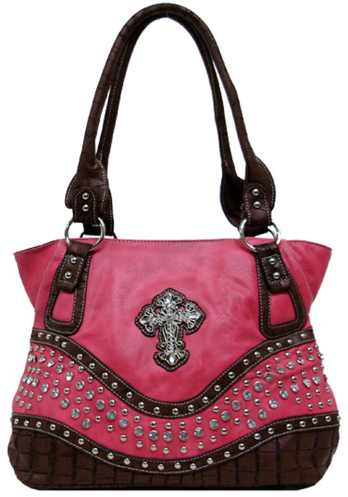 500216HP - 13 x 8 x 5<br />Rows of rhinestones, gator print trim, fancy rhinestone cross, back zipper pocket