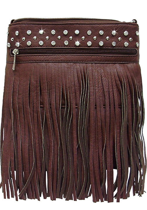 500223BR - 8.5 x 10 x 1.5<br />Messenger bag - Rhinestones & studs above zip pckt w/fringe skirt, zip comp, back zip vert & open pckts