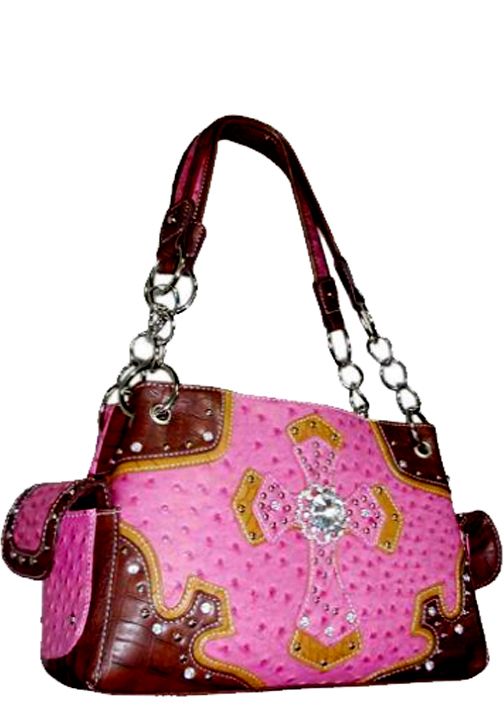 500225HP - 13 x 8 x 5<br />Ostrich print, rhinestone center cross, 1 comp separated by zip pckt, 3 inside pckts, back zip pckt