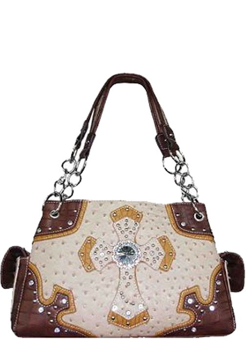 500225TN - 13 x 8 x 5<br />Ostrich print, rhinestone center cross, 1 comp separated by zip pckt, 3 inside pckts, back zip pckt