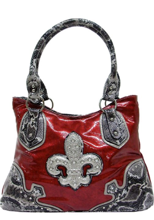 500230RD - 15 X 10 X 4<Br />Shiny material w/snake print trim. rhinestone fleur-de-lis, 1 comp, 3 inside pckts, back zip pckt (500452RD)