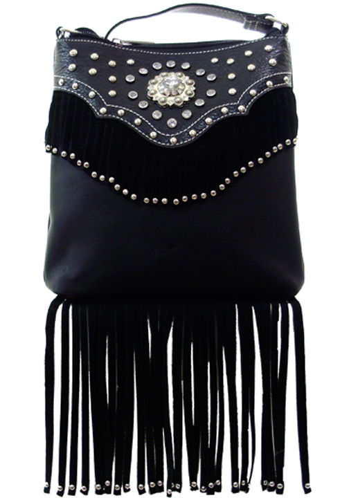 500232BK - 9 x 9.5 x 1.25<br />Solid w/studs, rhinestones on trim, fringe on top & bottom, 1 comp w/3 pckts, back zip pckt, adj strap