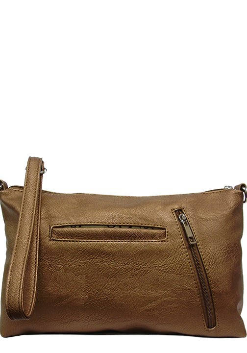 500237BZ - 12.5 x 7.5 x 3.5<br />Solid with zipper comp, 2 open inside pockets, back vert zip pocket, detachable strap