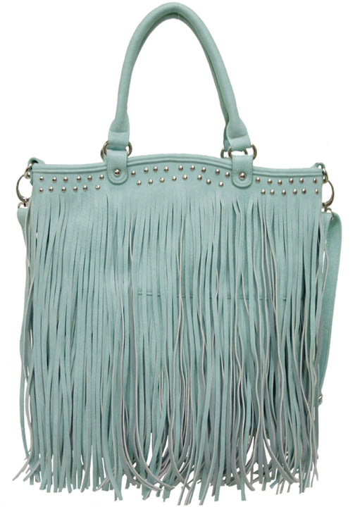 500238MT - 14 x 14 x 1<br />Solid with 2 rolls of fringe topped with studs, zipper comp with 3 pockets, detachable strap