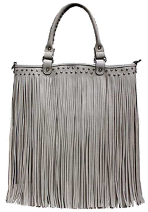 500238PW - 14 x 14 x 1<br />Solid with 2 rolls of fringe topped with studs, zipper comp with 3 pockets, detachable strap