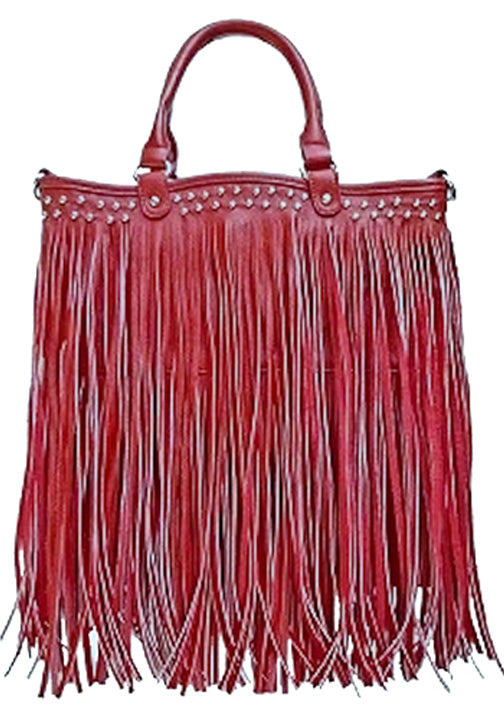 500238RD - 14 x 14 x 1<br />Solid with 2 rolls of fringe topped with studs, zipper comp with 3 pockets, detachable strap