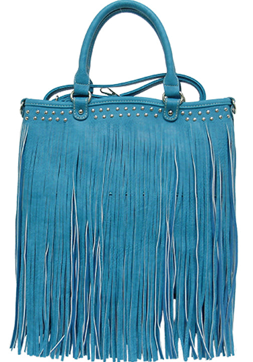 500238TQ - 14 x 14 x 1<br />Solid with 2 rolls of fringe topped with studs, zipper comp with 3 pockets, detachable strap