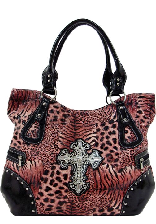 500240PK - 19 x 11.5 x 5 <br />Animal prt w/Rhinestone cross, shiny trim, 1 compartment, zipper closure, side pkt - Pink