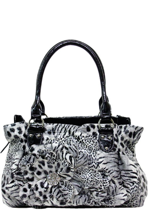 500242BK - 12 x 10 x 3<br />Animal print, trailing flower w/rhinestone cluster, 3 comp,  zip & snap closure (500593BK)- Black