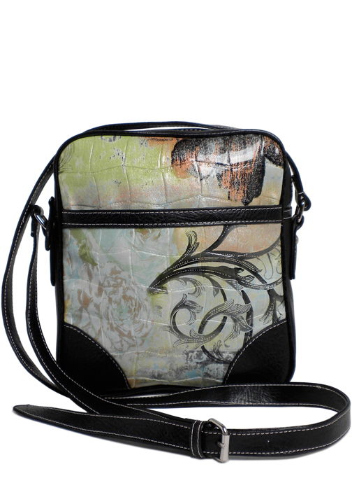 500257GN - 8 x 9 x 2.25 <br space/> Messenger style, Art Floral print, 1 compartment,zipper clsoure,  front & back pocket - Green