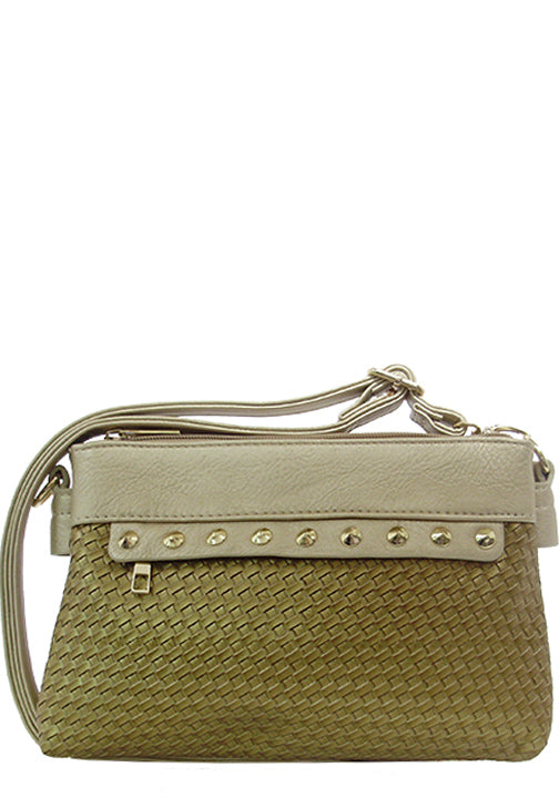 500259GL - 10 x 6 x 2<br />Basket weave w/solid trim, front zip pocket, zip comp, back zip vert & open pckts, detachable strap