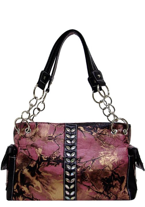 500261PK - 13 X 8.5 X 5<br />Floral print, rhinestone center, 3 comp, snap & zipper closure, side pockets (500467PK)