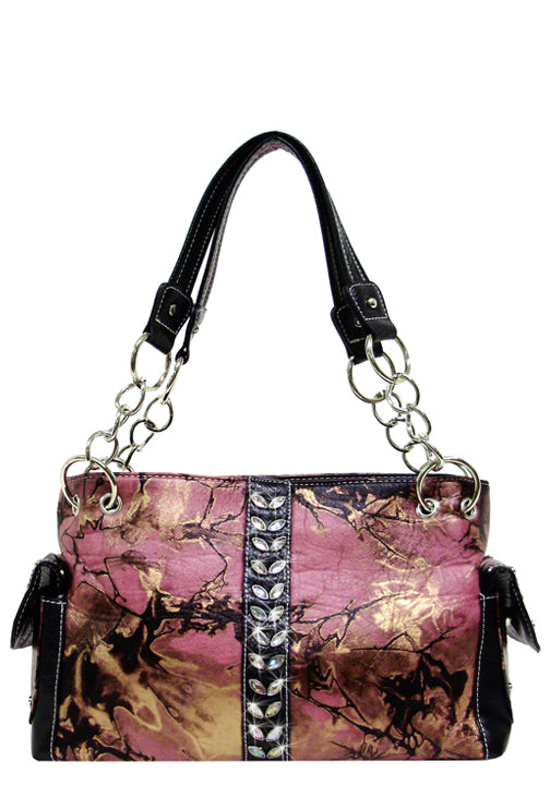 500261PK - 13 x 8.5 x 5<br />Tri-Color Print (Bk/Pink/Gold), Aurora Rhinestones, 3 Compartments, Zipper & Snap Closure, Side Pkts