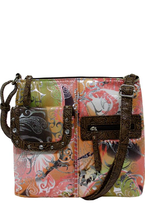 500263FLBR - 9.5 x 9 x 1.5<br />Messenger style, floral print, 2 comp. 4 inside pckts, 1 outside zip & 1 snap pckt (500578, 500519) - Brown