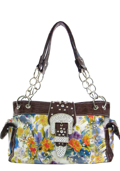 500265TQ - 13 X 8.5 X 4<br />Floral print, 3 compartments, center pckt w/ zipper, 2 end pckts, zipper pckt on back  - Turq