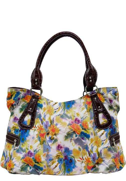 500267TQ - 16 x 11 x 6<br />Floral print, gator trim, 3 inside pckts, 3 outside zip pckts, cell hone pckt on back