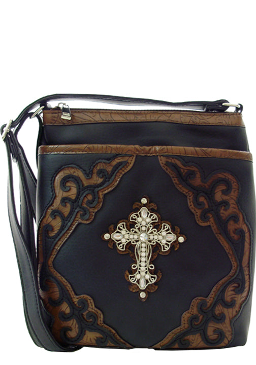 500272BK - 8.5 x 9.5 x 1.5<br />Solid print w/swirls & embossed trim, rhinestone cross, 1 comp w/zip pckt, back zip pckt, adjustable strap