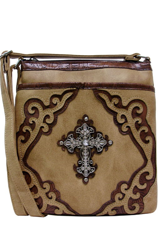 500272LBR - 8.5 x 9.5 x 1.5<br />Solid print w/swirls & embossed trim, rhinestone cross, 1 comp w/zip pckt, back zip pckt, adj strap(500507