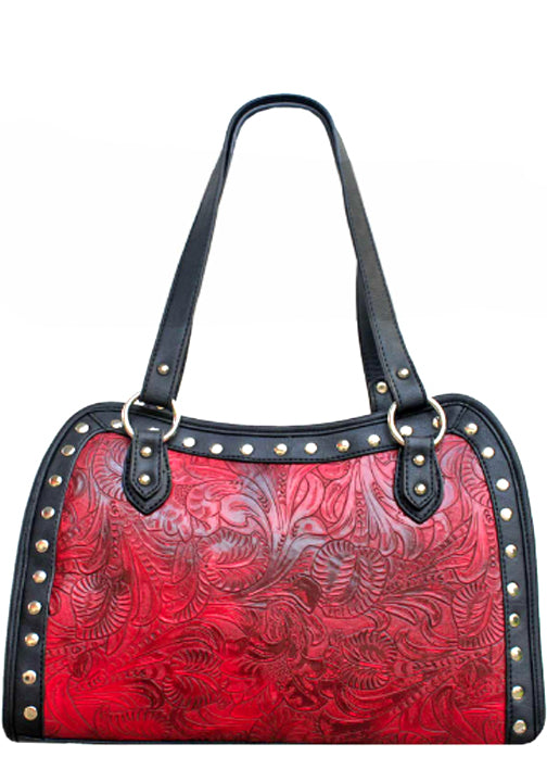 500274RD - 13.5 x 9.5 x 4.5<br />Embossed print with studded trim, zipper comp w/3 pckts, back open & zip vert pckts (500473)