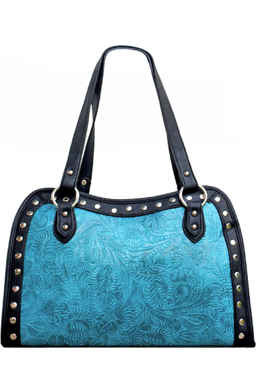 500274TQ - 13.5 x 9.5 x 4.5<br />Embossed print with studded trim, zipper comp w/3 pckts, back open & zip vert pckts (500473)