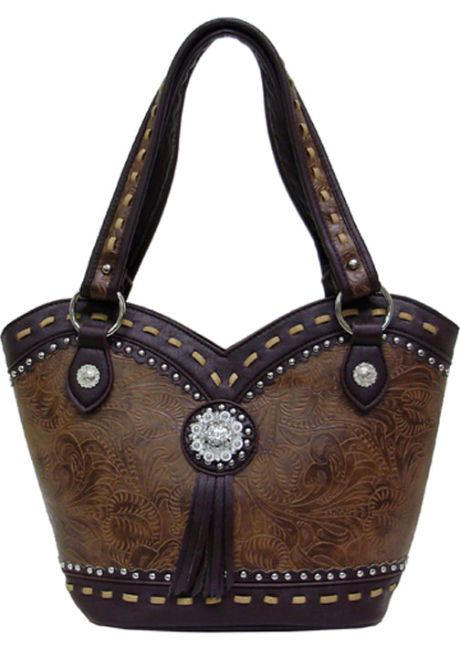 500275BR - 10 x 9 x 5<br />Embossed, studs & lacing on solid trim, zip comp w/3 pckts, back zip vert & open pckts (500472)