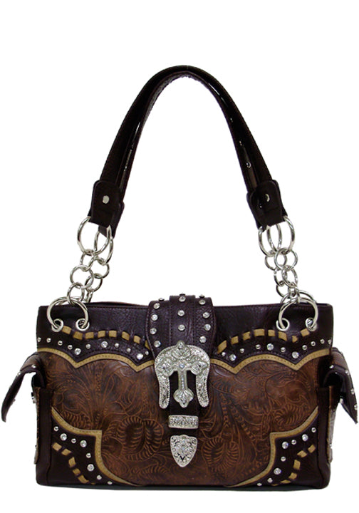 500277BR - 13 x 8.5 x 4.5<br />Embossed print w/brown trim, rose buckle on flap, comp sep by zip pckt, back open & vert zip pckts (500473)