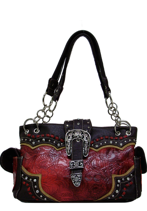 500277RD - 13 x 8.5 x 4.5<br />Embossed print w/brown trim, rose buckle on flap, comp sep by zip pckt, back open & vert zip pckts (500473)