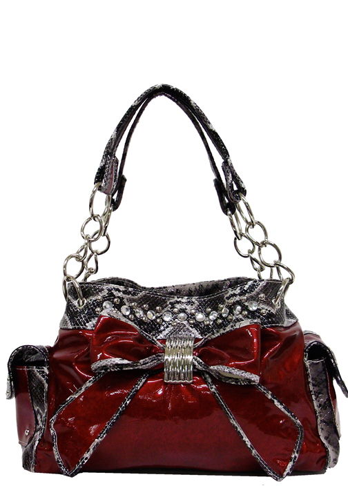 500279RD - 13 x 11 x 5<br />Bow on front with snake skin print trim, 3 comp, zipper & snap closures