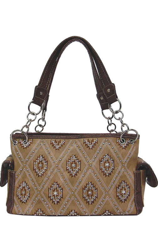 500282TN - 13 x 9 x 5<br />Aztec design w/rhinestones & studs, zip comp separated by zip pckt, back zip vert & open pckts, snap end pckts