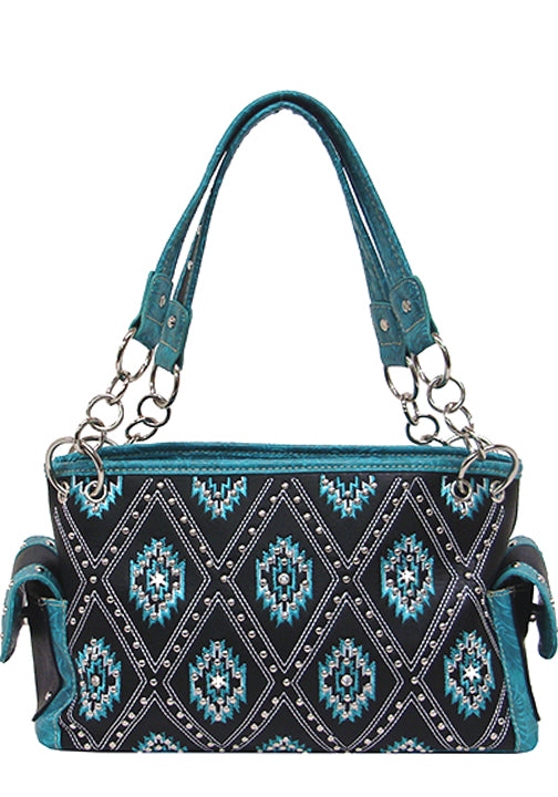 500282TQ - 13 x 9 x 5<br />Aztec design w/rhinestones & studs, zip comp separated by zip pckt, back zip vert & open pckts, snap end pckts