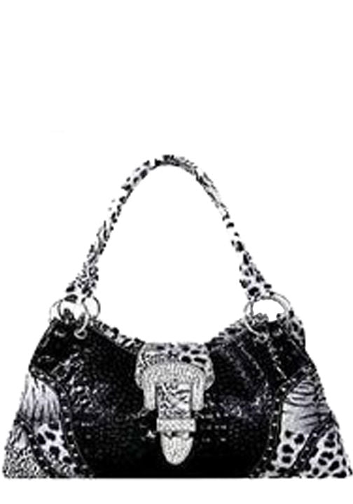 500286BK - 17.75 x 8.25 x 4<br />Shiny croc print w/animal print trim, flap with rhinestone buckle, 1 zip comp, 2 snap comp