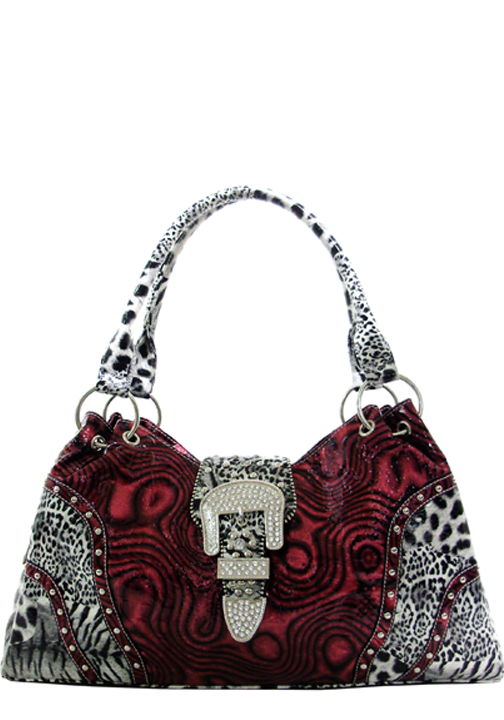 500286HP - 17.75 x 8.25 x 4<br />Shiny croc print w/animal print trim, flap with rhinestone buckle, 1 zip comp, 2 snap comp (500456HP)