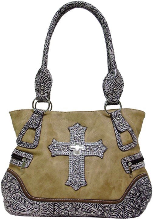 500289LBR - 15 x 11 x 5<br />Solid material w/embossed trim & rhinestone embossed cross, 1 zip comp, 3 inside pockets, back zip pocket