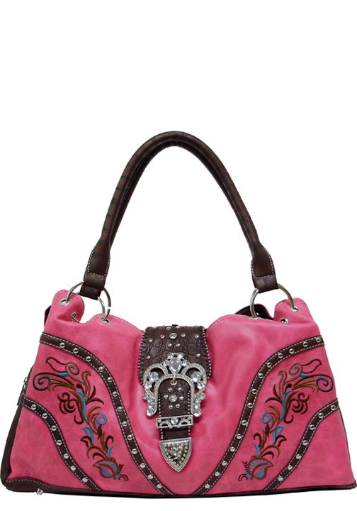 500290HP - 17 x 8 x 4<br />Solid material w/TQ & BR floral embroidery, 2 snap & 1 zip comps, princess crown buckle, back zip pckt