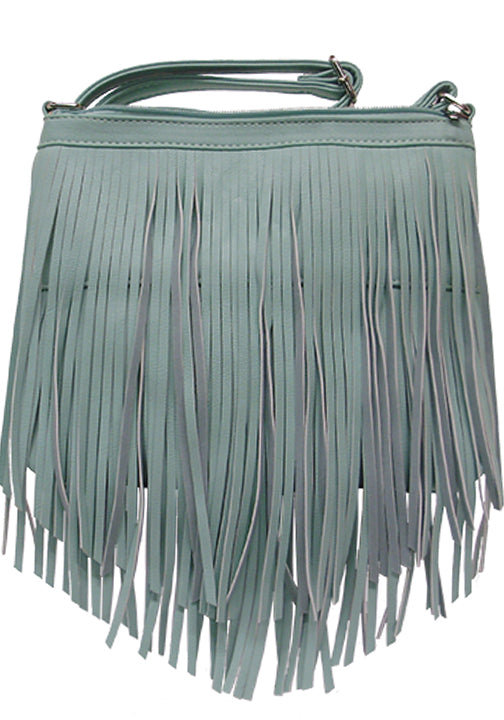 500293MT - 10 x 9 x 1.5<br />2 layers of fringe forming a V. zip comp w/pckts, back zip vert & open pockets