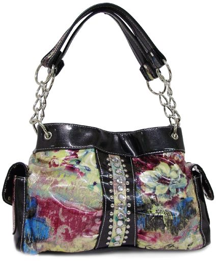 500303CHP - HANDBAG, FLORAL  PRINT, RHINESTONE, SILVER STUDS IN FRONT, CORNERS ACCENTED IN BLACK W/STUDS, ONE COMPARTMENT,