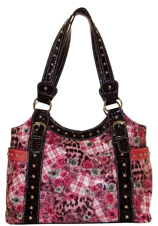 500307HP - 15 x 11.5 x 4.5 <br />Floral plaid print, 1 compartment, back cell phone pkt, zipper closuse Hot Pink