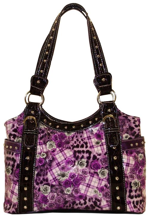 500307PU - 15 x 11.5 x 4.5 <br />Floral plaid print, 1 compartment, back cell phone pkt, zipper closure - Purple