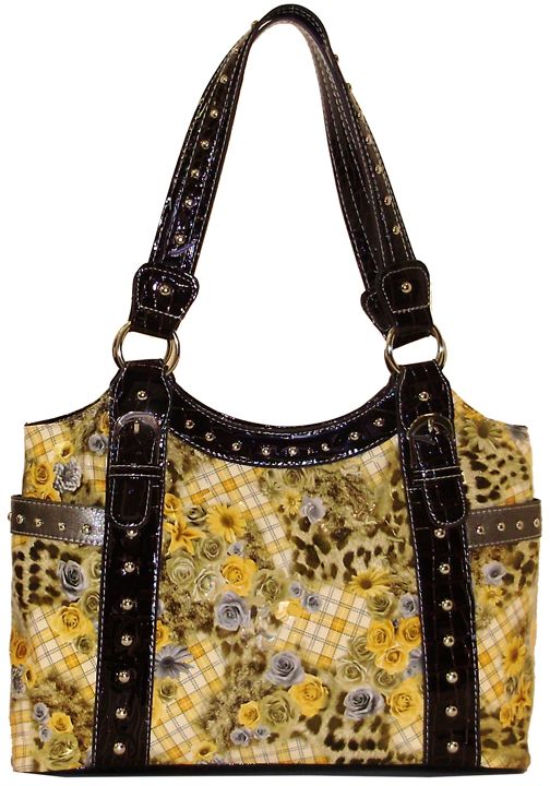 500307YL - 15 x 11.5 x 4.5 <br />Floral plaid print, 1 compartment, back cell phone pkt, zipper closure - Yellow