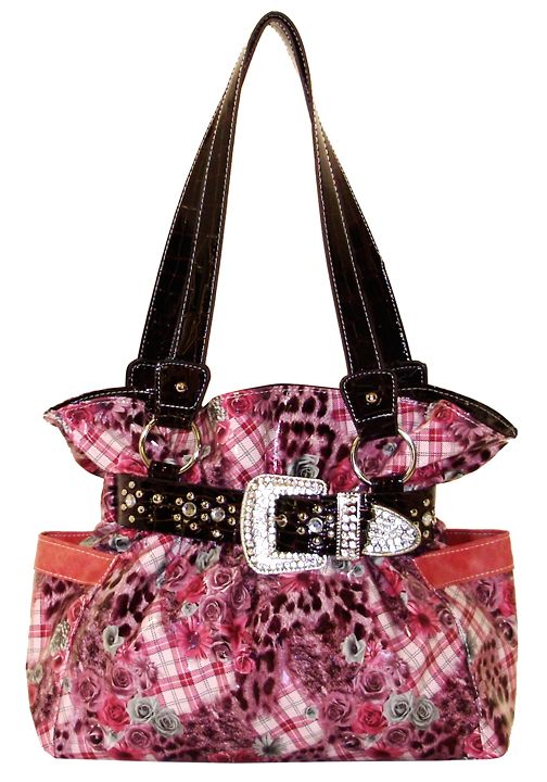 500308HP - 13 X 4 X 11<BR />Floral plaid print, 1 compartment, snap and zipper closure, 2 end pockets - Hot Pink