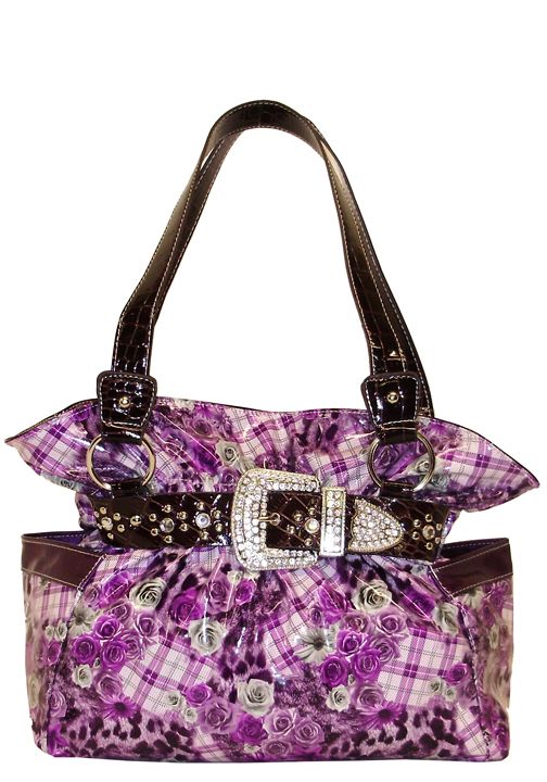 500308PU - 13 X 4 X 11<BR />Floral plaid print, 1 compartment, snap and zipper closure, 2 end pockets - Purple